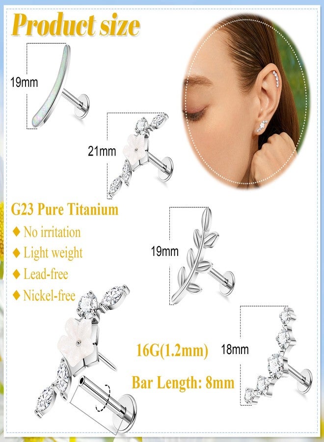 NICEIGHT 16G G23 Titanium Cartilage Earrings for Women Titanium Threadless Push in Cartilage Earring Stud for Sensitive Ear Flower Opal CZ Flat Back Stud Cartilage Helix Conch Piercing 8MM Bar - Image 5